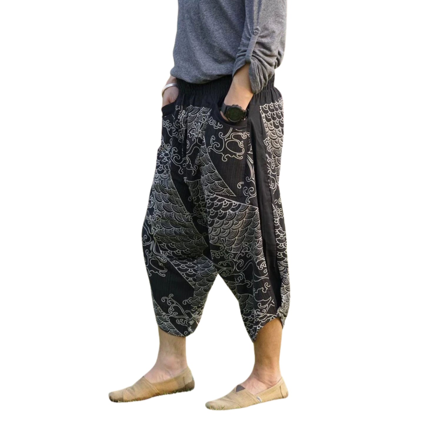 RAK MAE รักแม่ | COMFY CHIANG MAI COTTON JOGGER SHORTS PANTS (SAMURAI FINISH) - BLACK OCEAN (REGULAR SIZE)