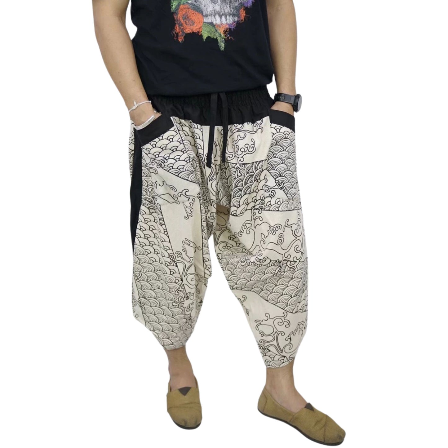 RAK MAE รักแม่ | COMFY CHIANG MAI COTTON JOGGER SHORTS PANTS (SAMURAI FINISH) - WHITE OCEAN (REGULAR SIZE)