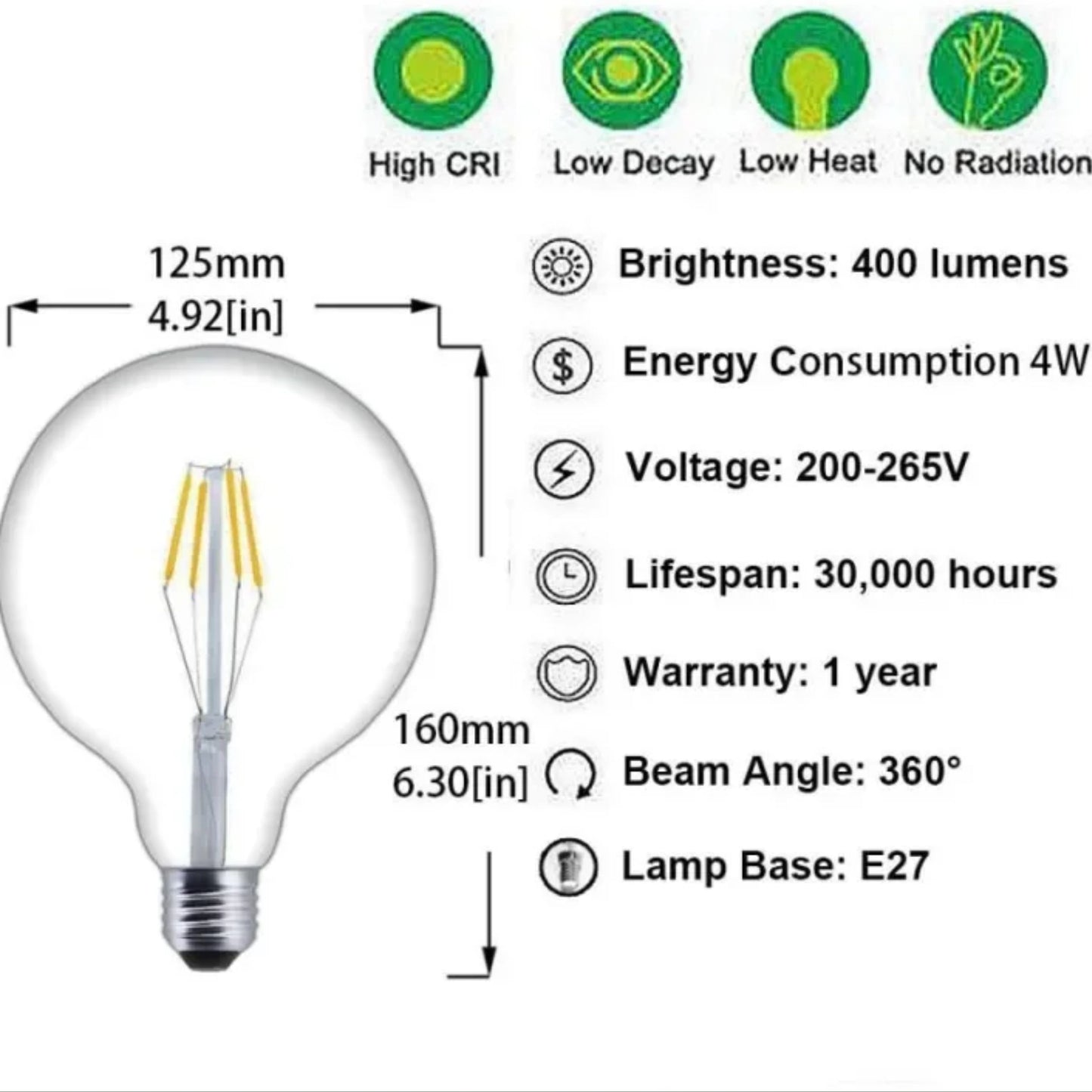 หลอดไฟวินเทจ G125 ฐาน E27 LED Filament  (4W, แสง Warm White)