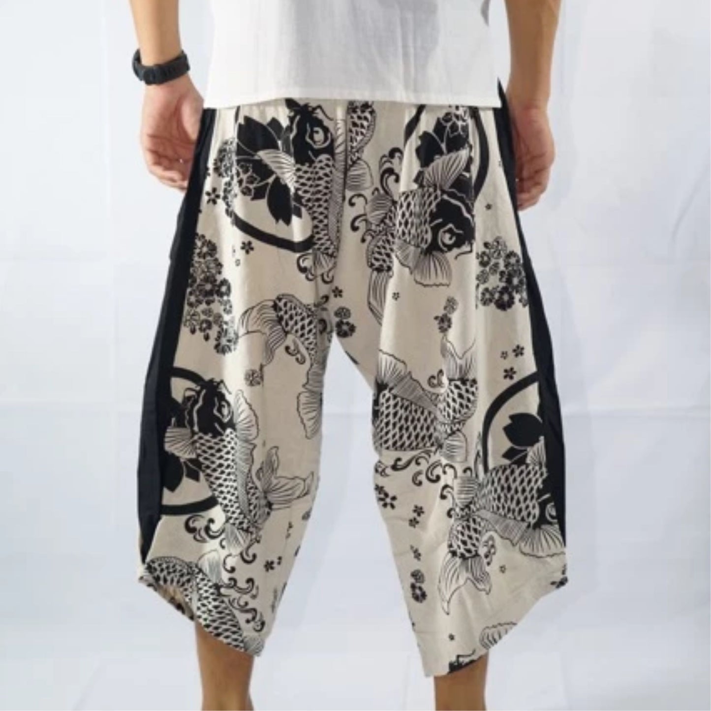 RAK MAE รักแม่ | COMFY CHIANG MAI COTTON JOGGER SHORTS PANTS (SAMURAI FINISH) - WHITE KOI & SAKURA (REGULAR SIZE)