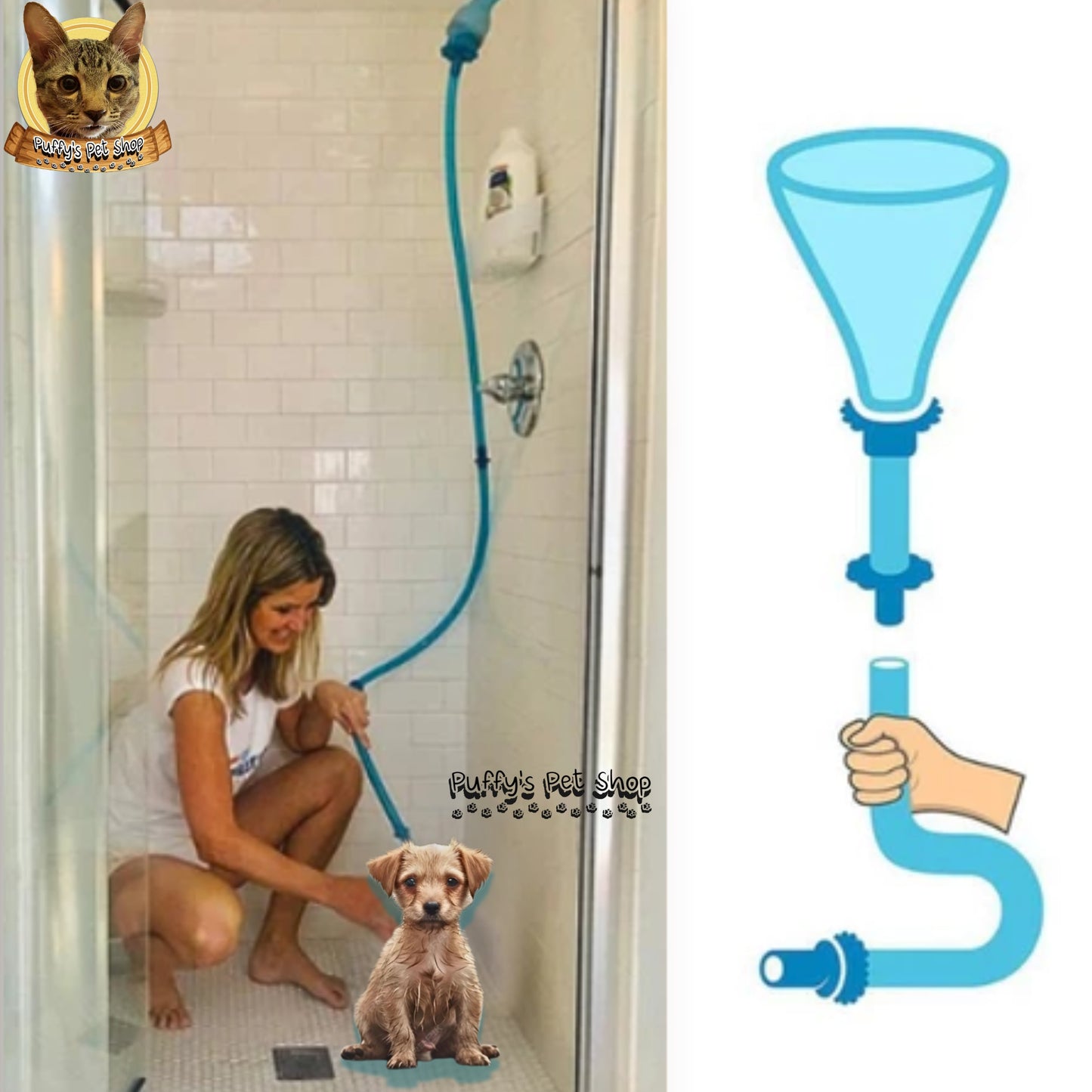 Puffy's Pet Shop | Pet Bath Faucet Attachment for Dogs & Cats หัวต่อก๊อกอาบน้ำซิลิโคนสำหรับสุนัขและแมว  กว้าง 3 ซม. ยาว 1.5 เมตร
