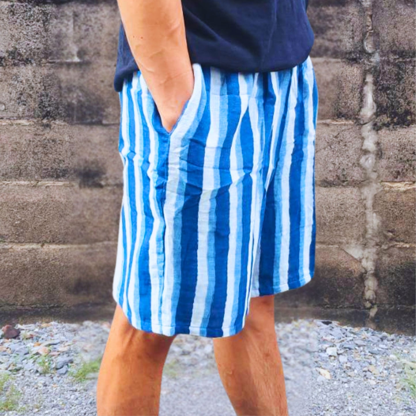 RAK MAE รักแม่ | COMFY COTTON CLASSIC SHORTS - INDIGO-WHITE STRAIGHT STRIPE LINE (REGULAR SIZE)