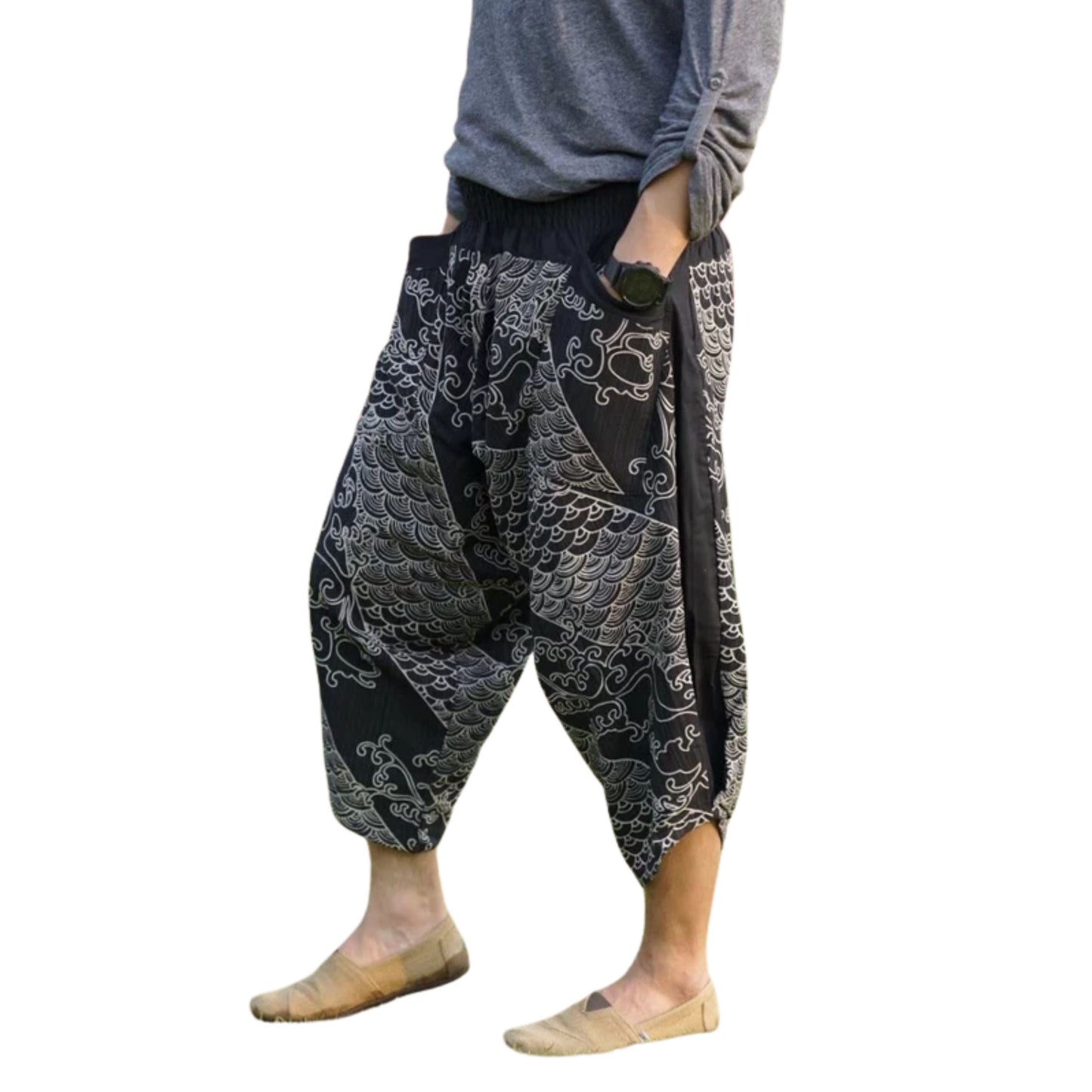 RAK MAE รักแม่ | COMFY CHIANG MAI COTTON JOGGER SHORTS PANTS (SAMURAI FINISH) - BLACK OCEAN (REGULAR SIZE)