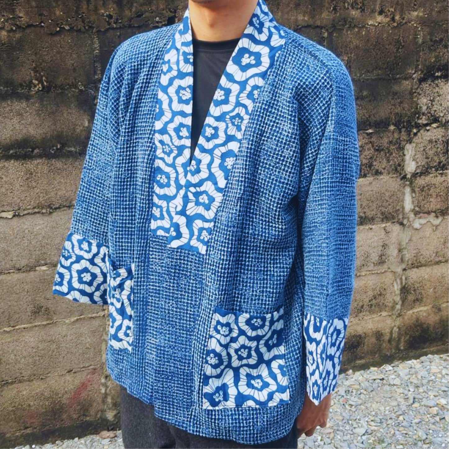 RAK MAE รักแม่ | COMFY SLIM - FIT KIMONO HONEYCOMB PATTERN COTTON ROBE - BLUE COTTON STRIPE (FREESIZE)