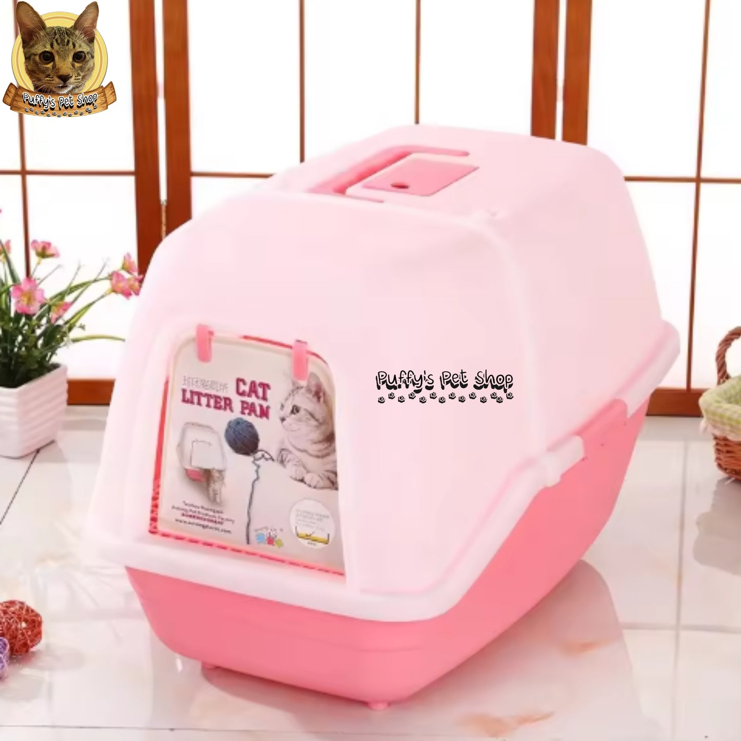 Puffy's Pet Shop | Minimal Cat Toilet ห้องน้ำแมวสไตล์โมเดิร์น พร้อมอุปกรณ์พลั่วตักทราย ขนาด 54 x 46 x 44 ซม