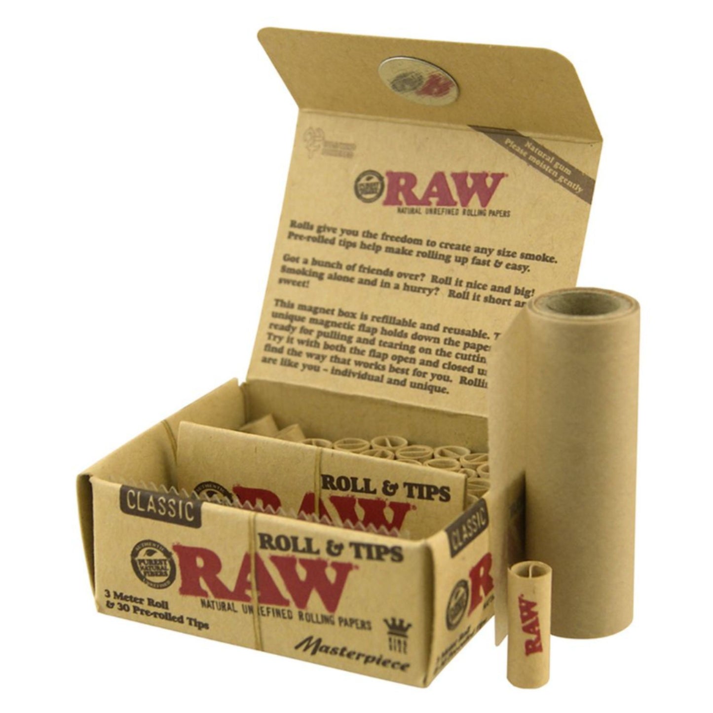 ROLLING PAPER | RAW MASTERPIECE 3 METER ROLL &amp; PRE-ROLLED TIPS