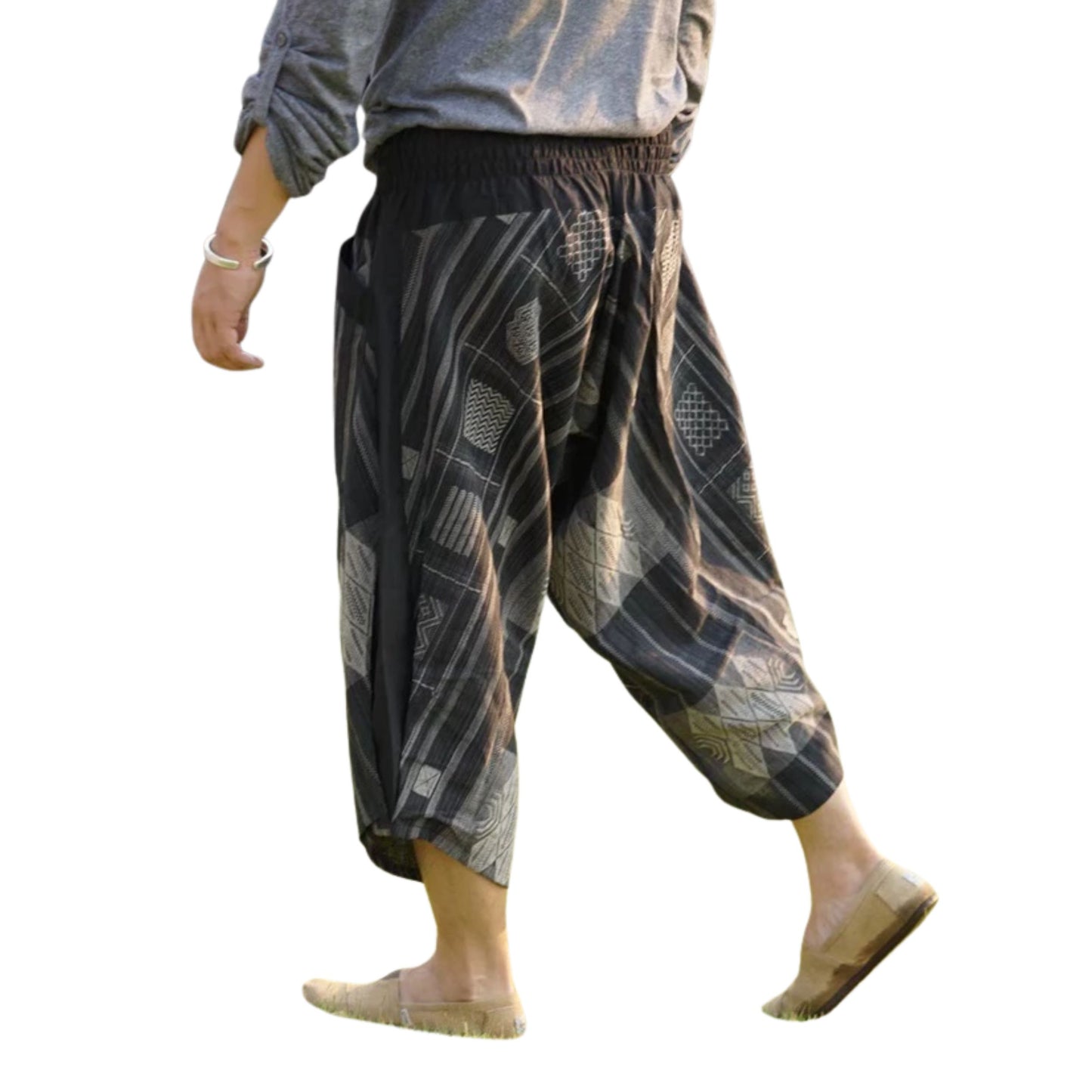RAK MAE รักแม่ | COMFY CHIANG MAI COTTON JOGGER SHORTS PANTS (SAMURAI FINISH) - BLACK RECTANGLE WAGARA (REGULAR SIZE)