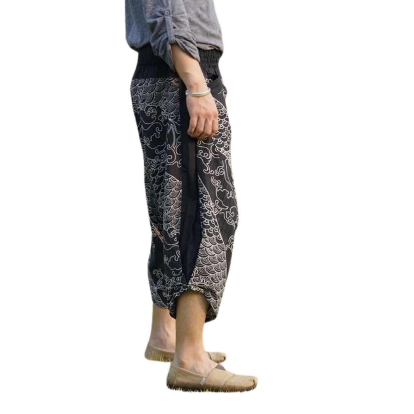 RAK MAE รักแม่ | COMFY CHIANG MAI COTTON JOGGER SHORTS PANTS (SAMURAI FINISH) - BLACK OCEAN (REGULAR SIZE)