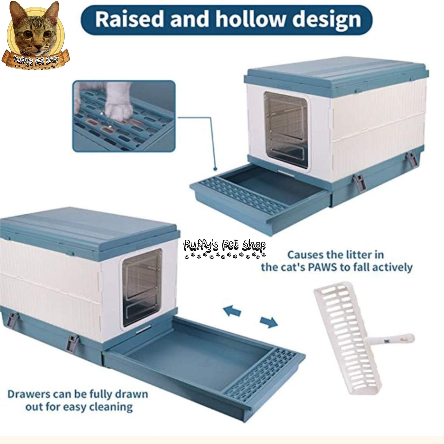 Puffy's Pet Shop | Foldable Cat Litter Box with Scoop set ห้องน้ำแมวแบบพับเก็บได้ พร้อมไม้ตักทรายในชุด ขนาดกาง 46.3 x 53.5 x 41.5 ซม