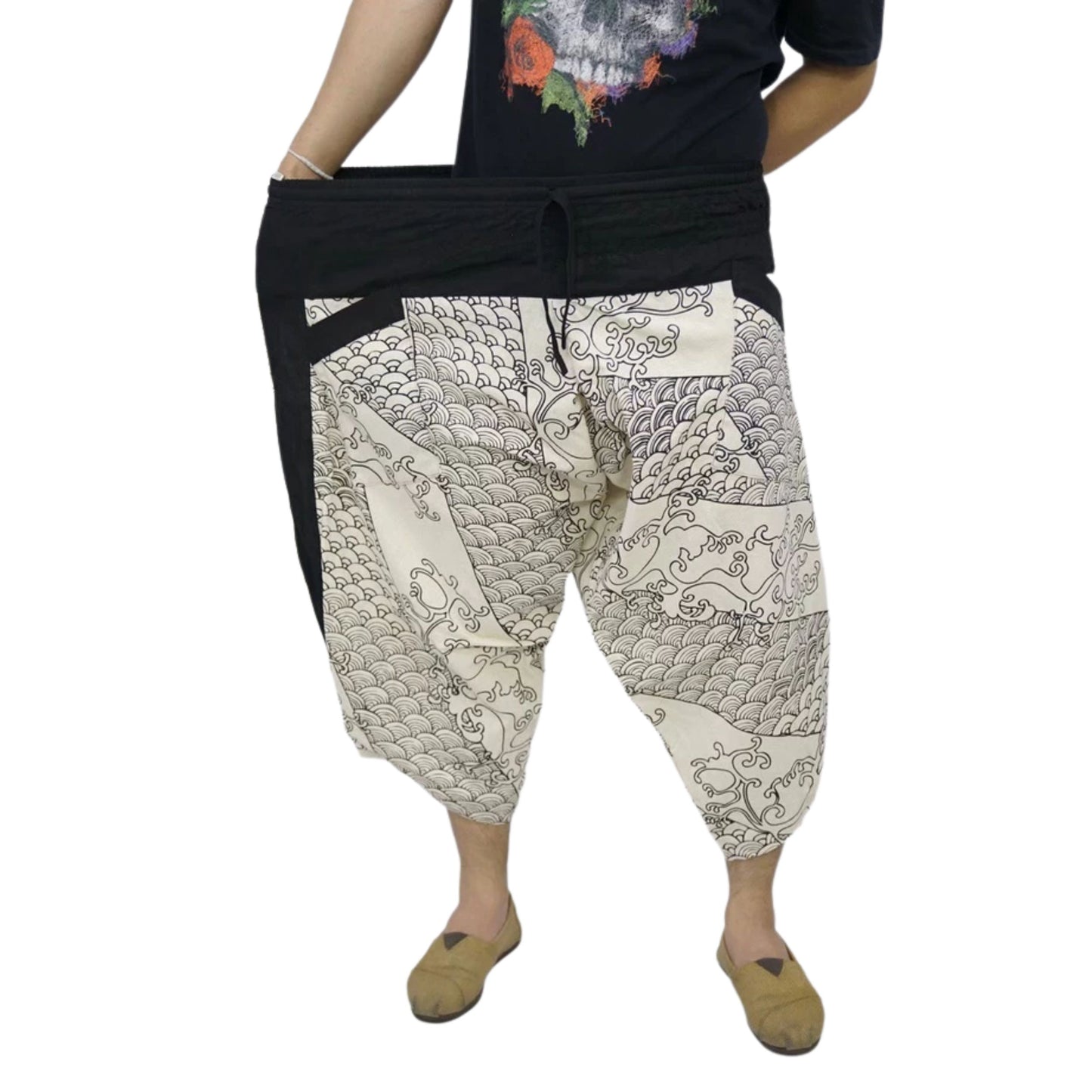 RAK MAE รักแม่ | COMFY CHIANG MAI COTTON JOGGER SHORTS PANTS (SAMURAI FINISH) - WHITE OCEAN (REGULAR SIZE)