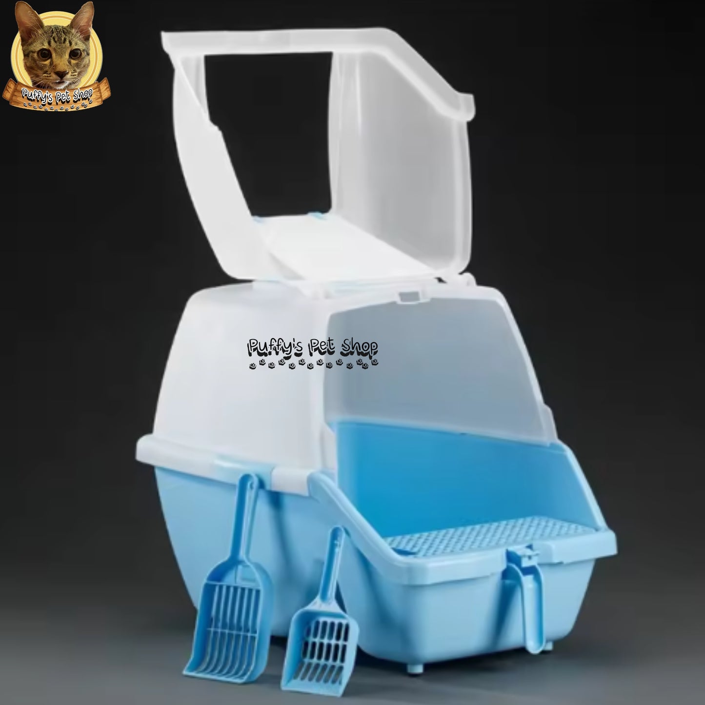 Puffy's Pet Shop | Minimal Cat Toilet ห้องน้ำแมวสไตล์โมเดิร์น พร้อมอุปกรณ์พลั่วตักทราย ขนาด 54 x 46 x 44 ซม