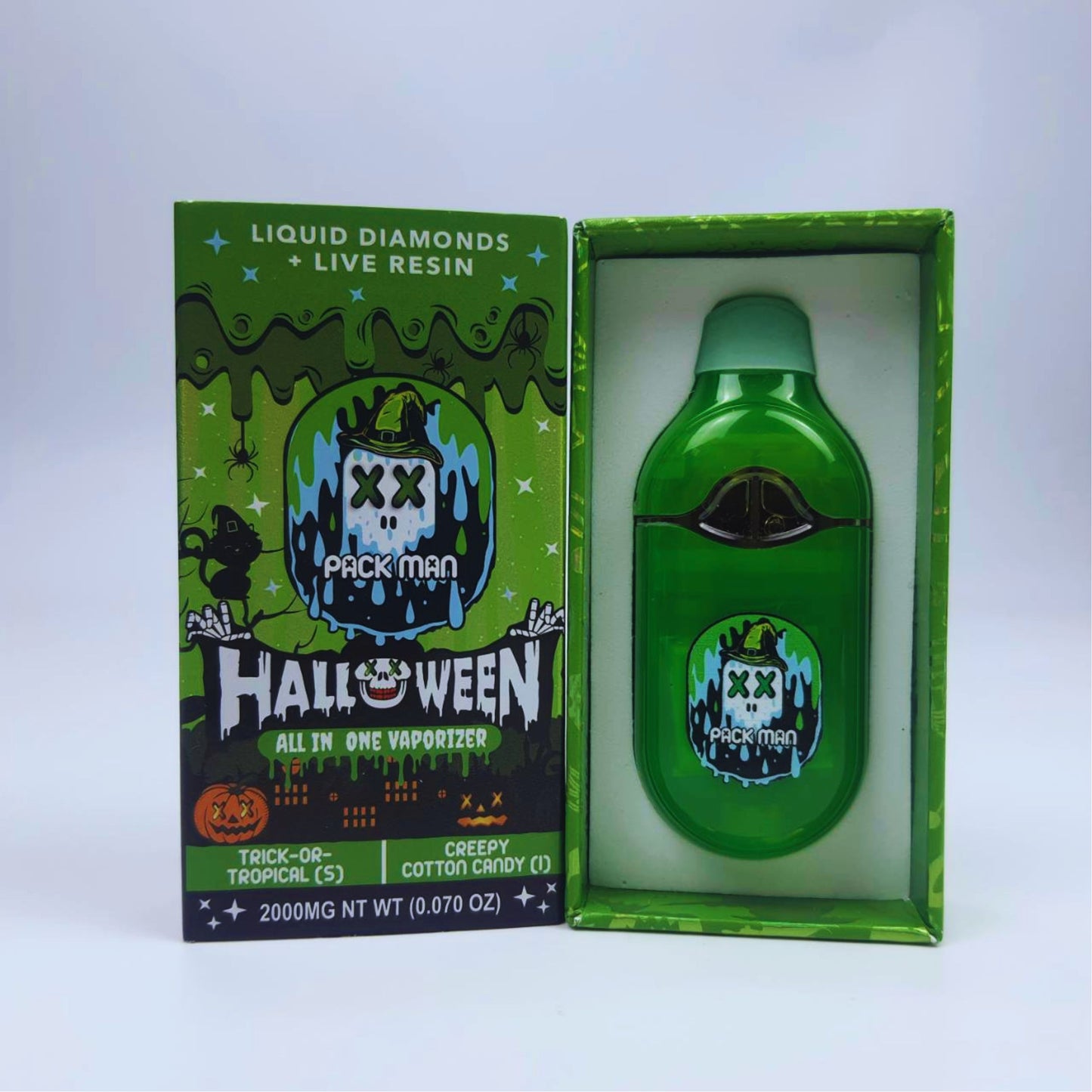 PACK MAN - LIQUID DIAMONDS + LIVE RESIN HALLOWEEN 2.0ML | TRICK- OR-TROPICAL (S) | CREEPY COTTON CANDY (I)