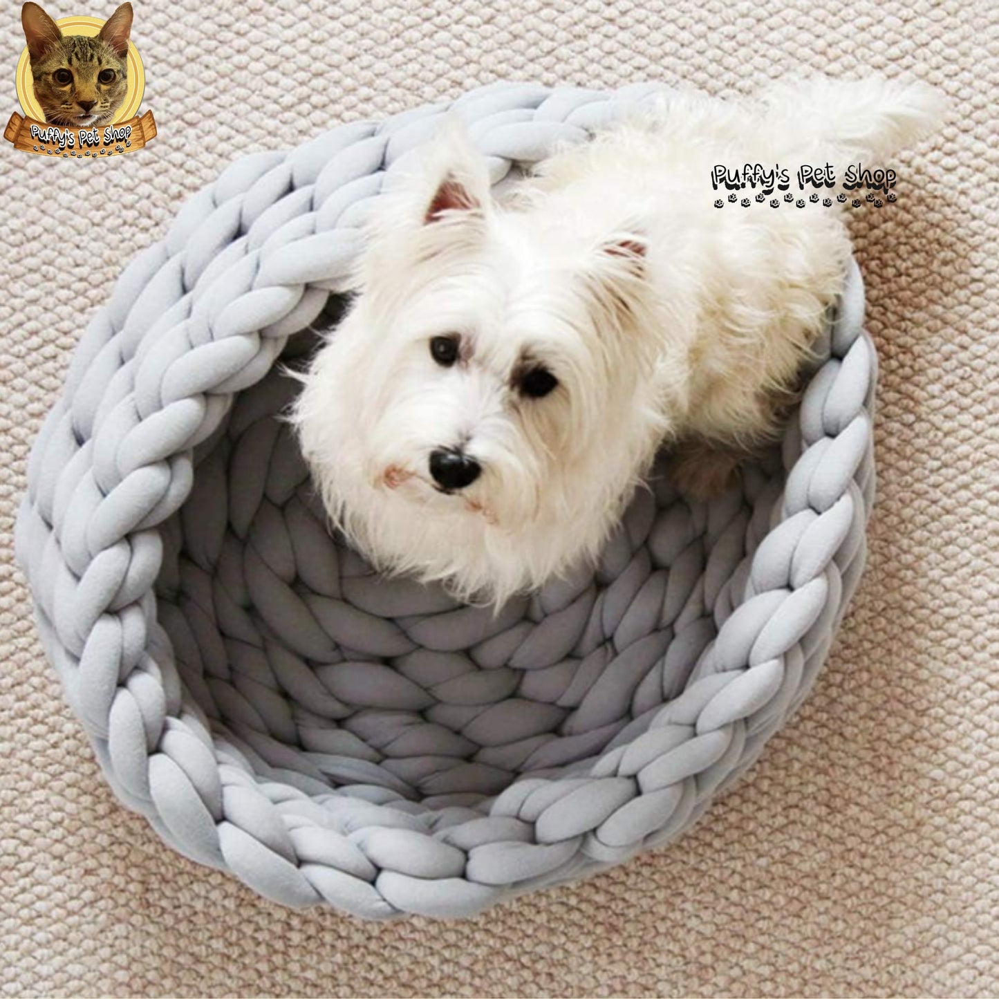 Puffy's Pet Shop | Knitted Cotton Basket Bed for Cats & Dogs ที่นอนสัตว์เลี้ยง น้องหมาและน้องแมว ทรงตะกร้า ผลิตจากผ้าฝ้ายถัก ขนาด 35 / 40 / 45 ซม.