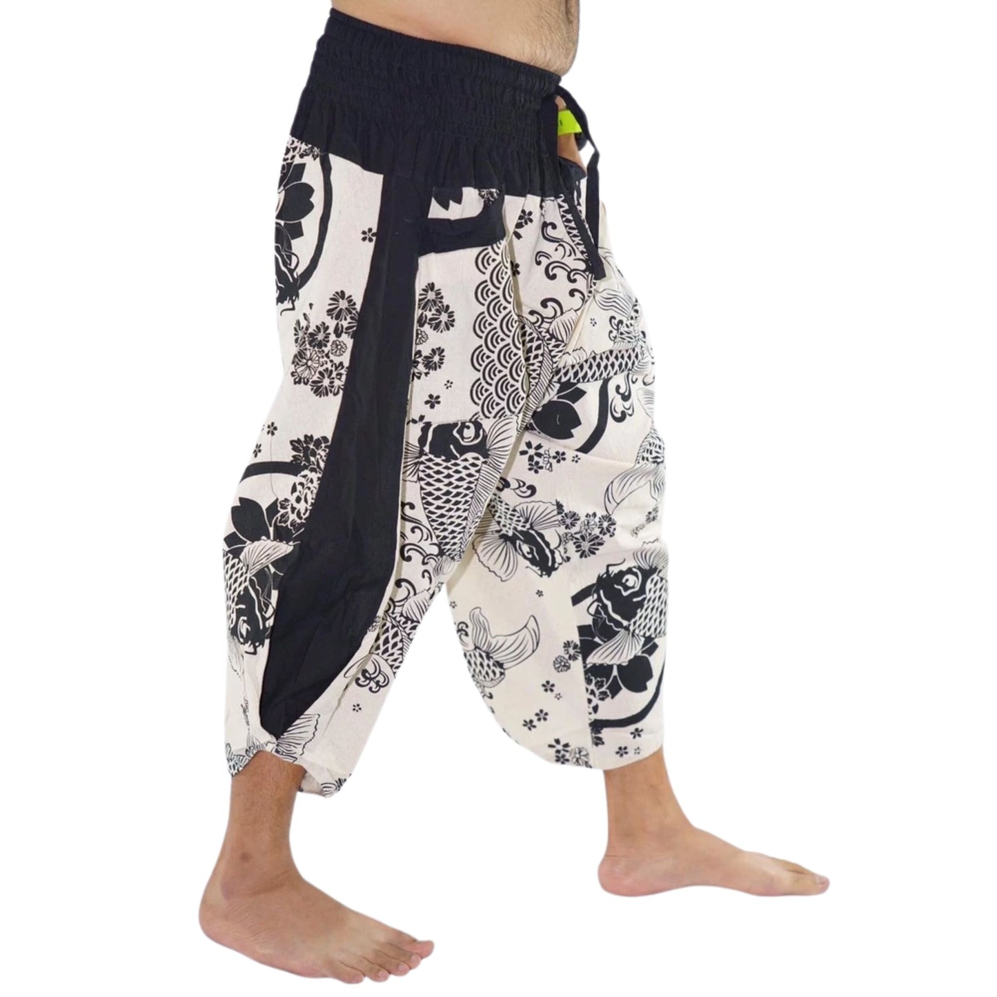 RAK MAE รักแม่ | COMFY CHIANG MAI COTTON JOGGER SHORTS PANTS (SAMURAI FINISH) - WHITE KOI & SAKURA (REGULAR SIZE)