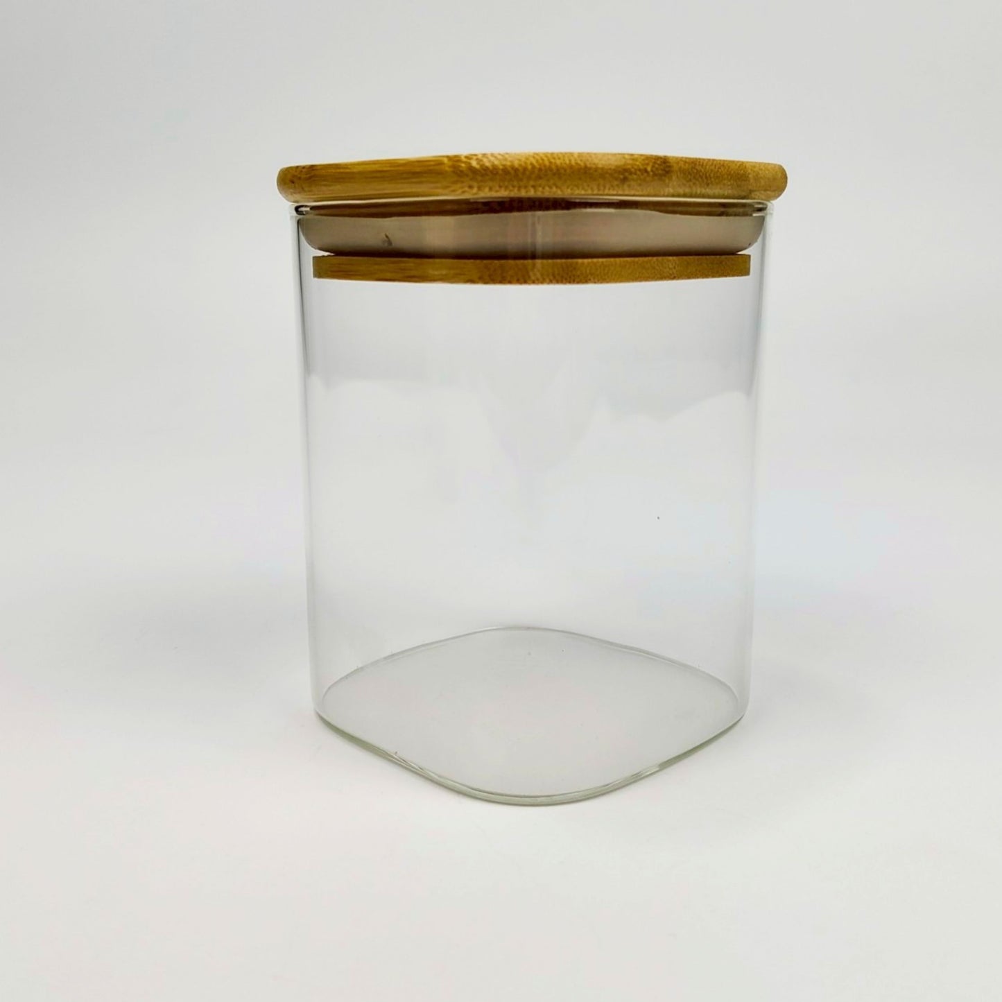GLASS JAR | SQUARE GLASS JAR WITH WOODEN LID SIZE: 80 x 100MM - 500ML