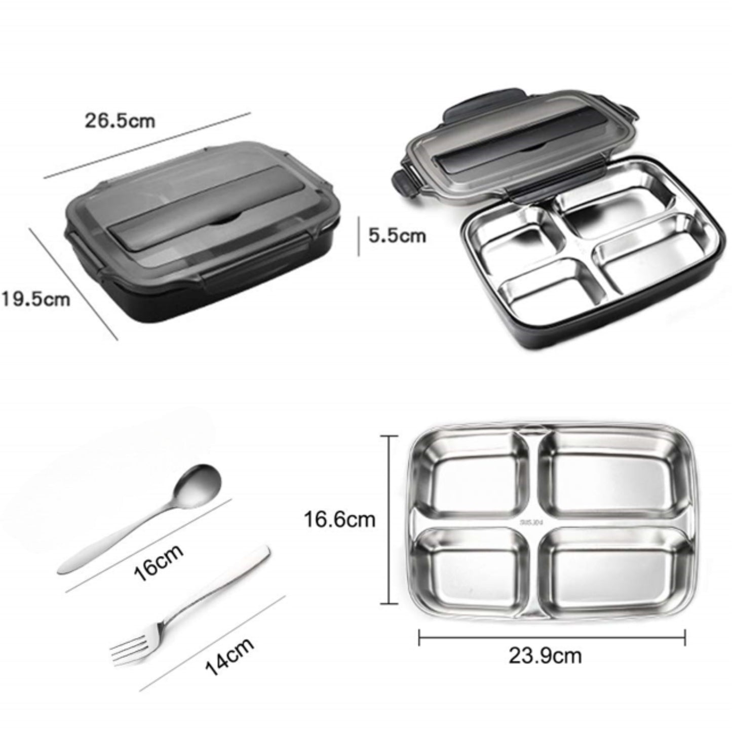 BENTO LUNCH BOX 4 SLOT SIZE 19x26x6 cm | กล่องอาหารกลางวัน กล่องข้าว  SUS304 อุ่นอาหารได้โดยน้ำอุ่น