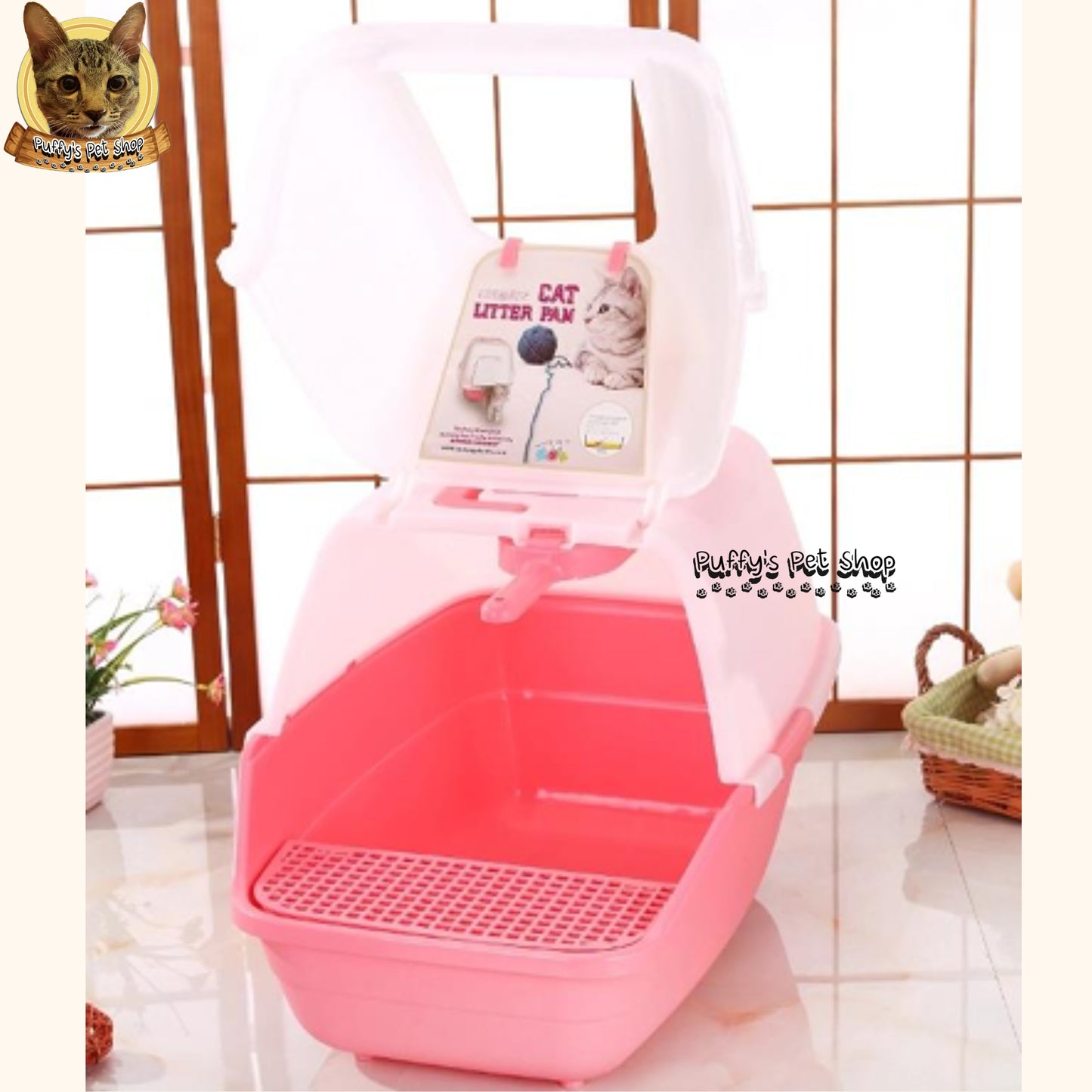 Puffy's Pet Shop | Minimal Cat Toilet ห้องน้ำแมวสไตล์โมเดิร์น พร้อมอุปกรณ์พลั่วตักทราย ขนาด 54 x 46 x 44 ซม