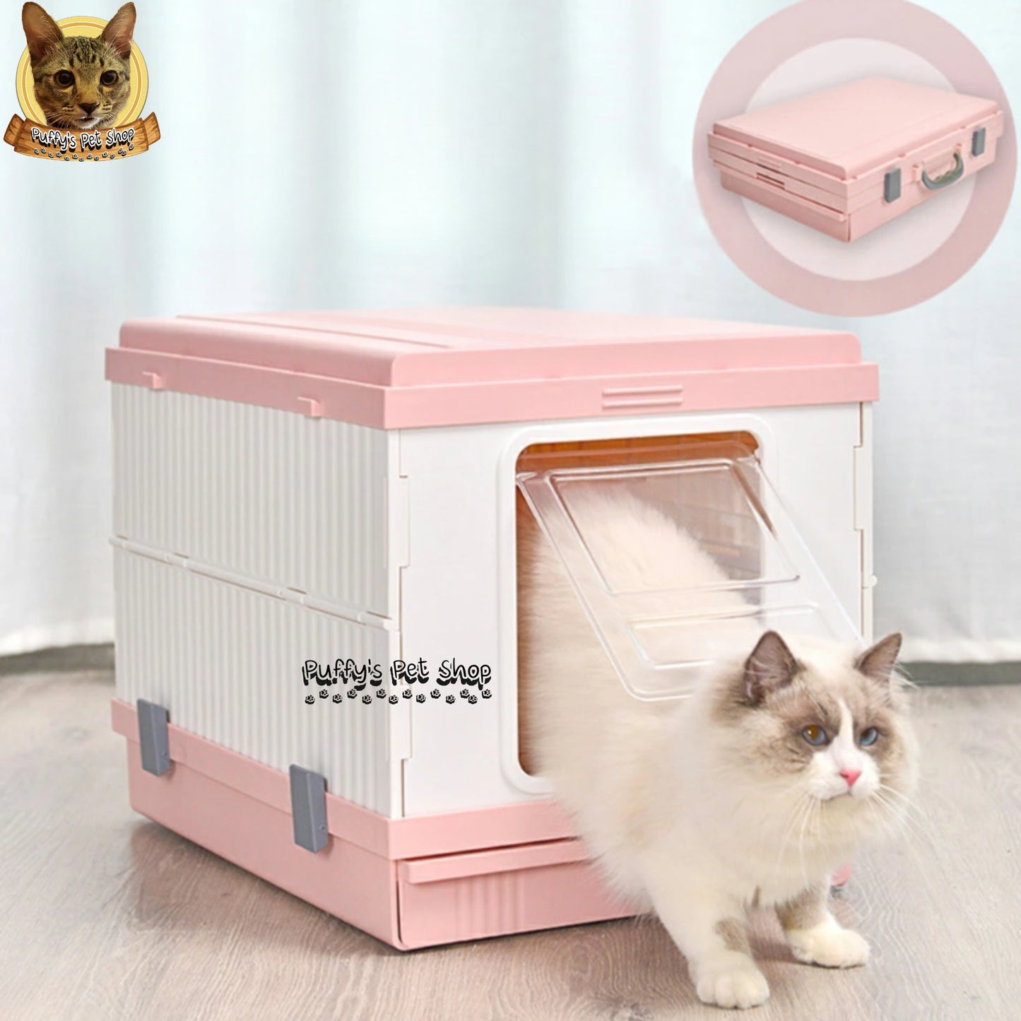 Puffy's Pet Shop | Foldable Cat Litter Box with Scoop set ห้องน้ำแมวแบบพับเก็บได้ พร้อมไม้ตักทรายในชุด ขนาดกาง 46.3 x 53.5 x 41.5 ซม