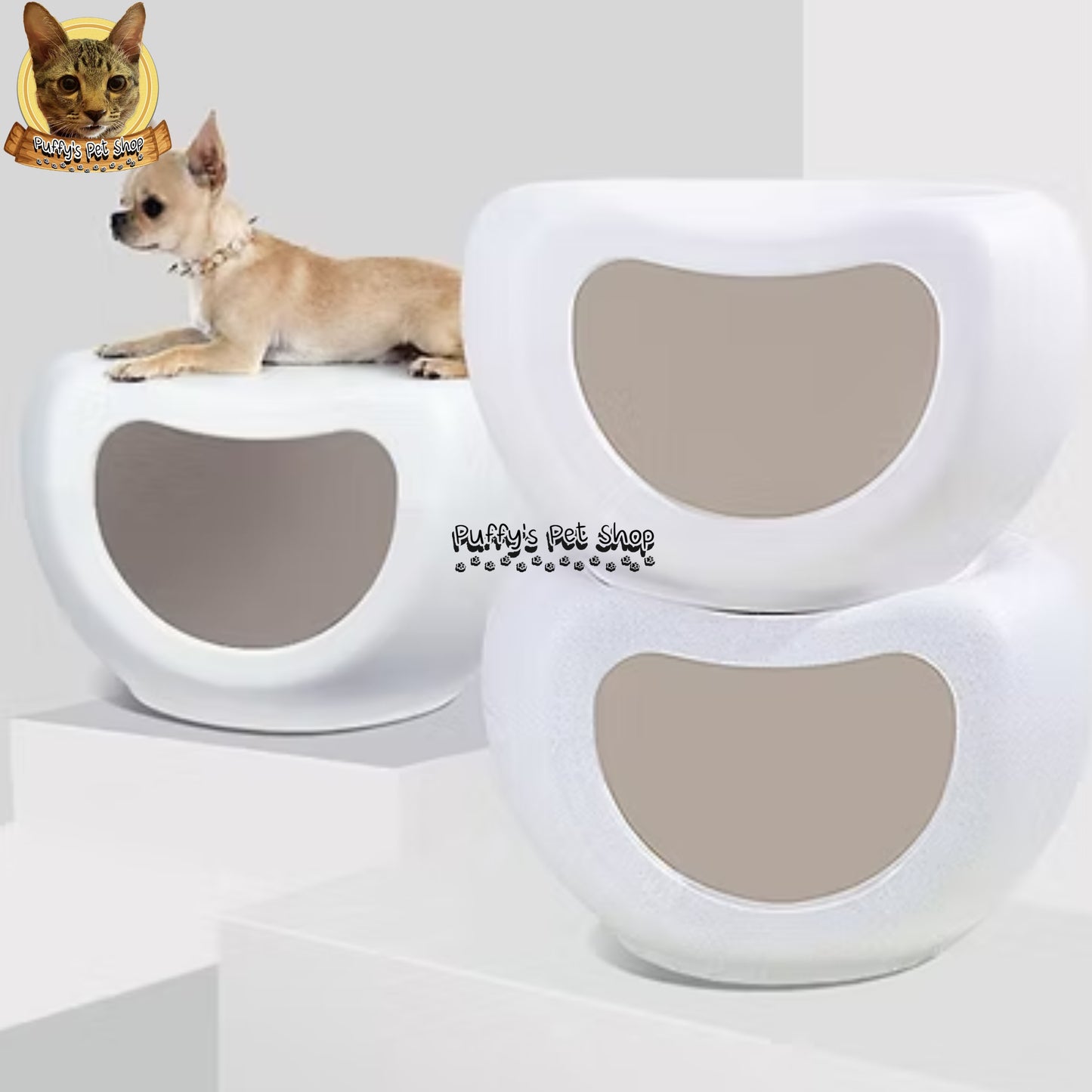 Puffy's Pet Shop | Smiley Cat House with Chair & Storage บ้านแมวหน้ายิ้มพร้อมเก้าอี้และที่วางของ ขนาด: 48 x 42 x 29 ซม.