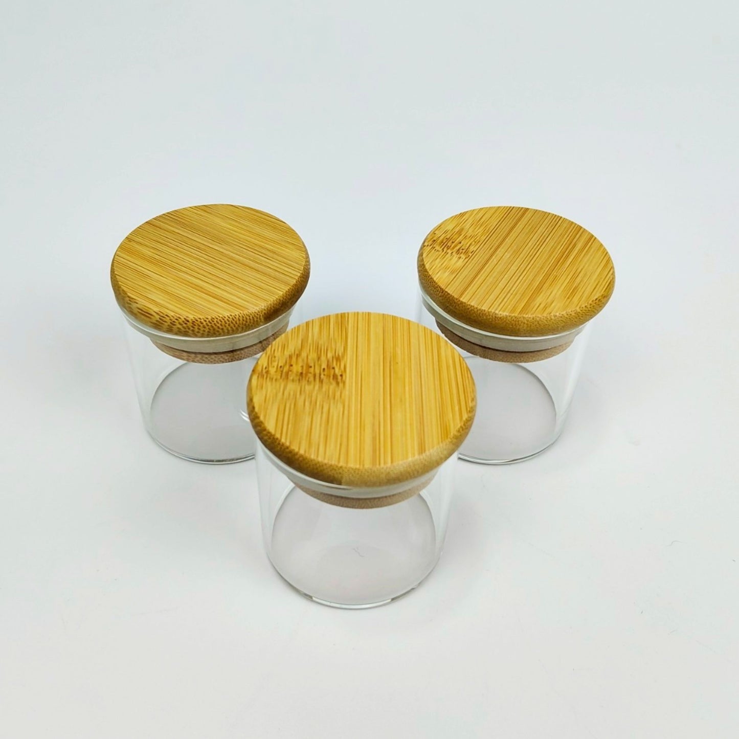 GLASS JAR | SMALL GLASS JAR WITH WOODEN LID SIZE: 50 x 50MM - 50ML