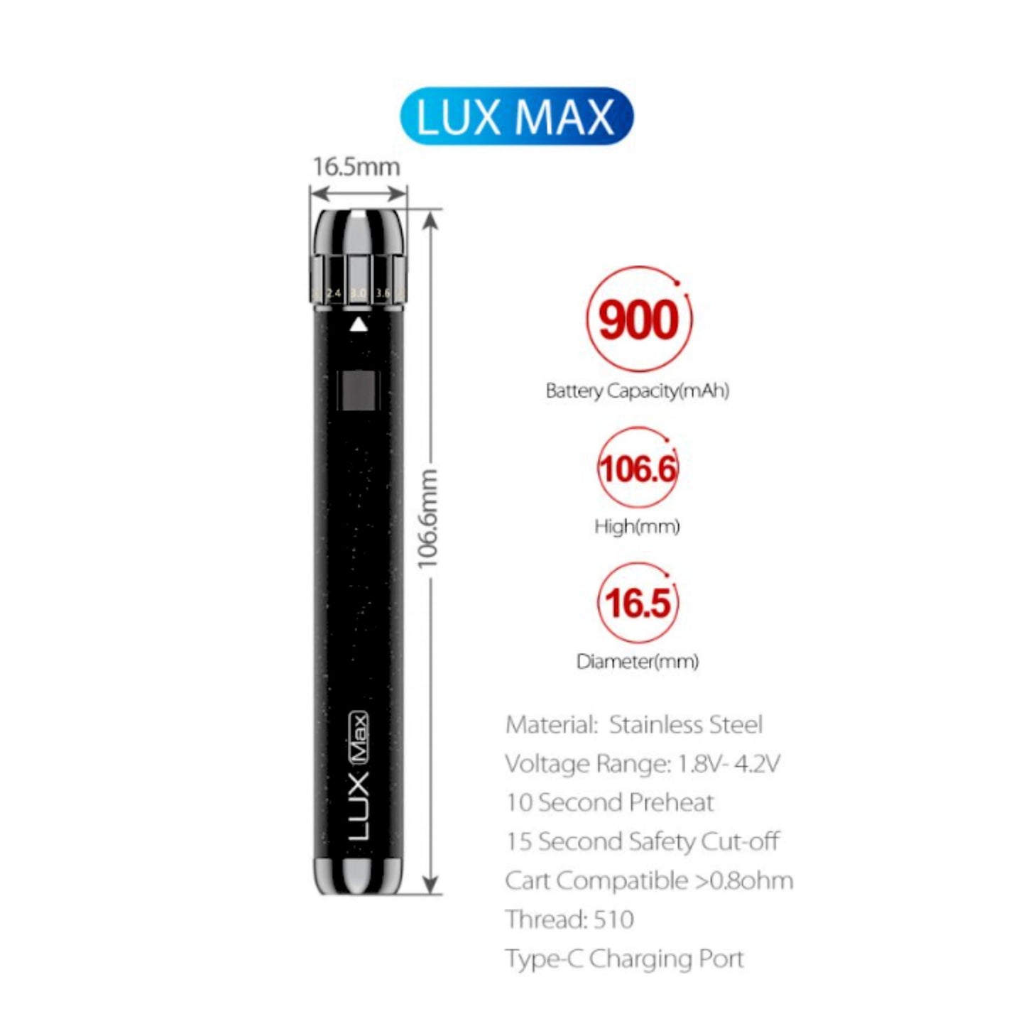 YOCAN | LUX MAX 510 THREADED VAPE PEN BATTERY