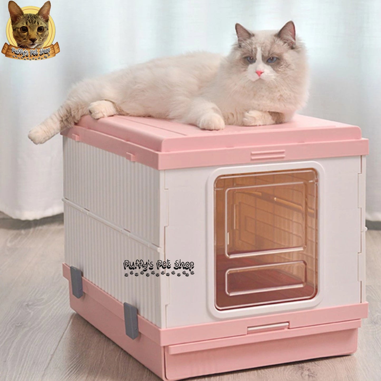 Puffy's Pet Shop | Foldable Cat Litter Box with Scoop set ห้องน้ำแมวแบบพับเก็บได้ พร้อมไม้ตักทรายในชุด ขนาดกาง 46.3 x 53.5 x 41.5 ซม