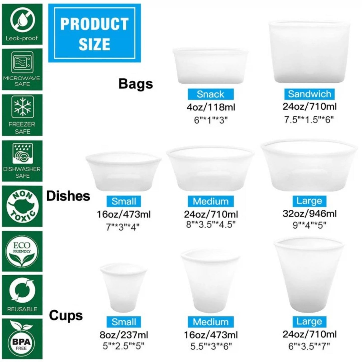 REUSABLE SILICONE FOOD STORAGE BAGS 8 BAGS PER SET