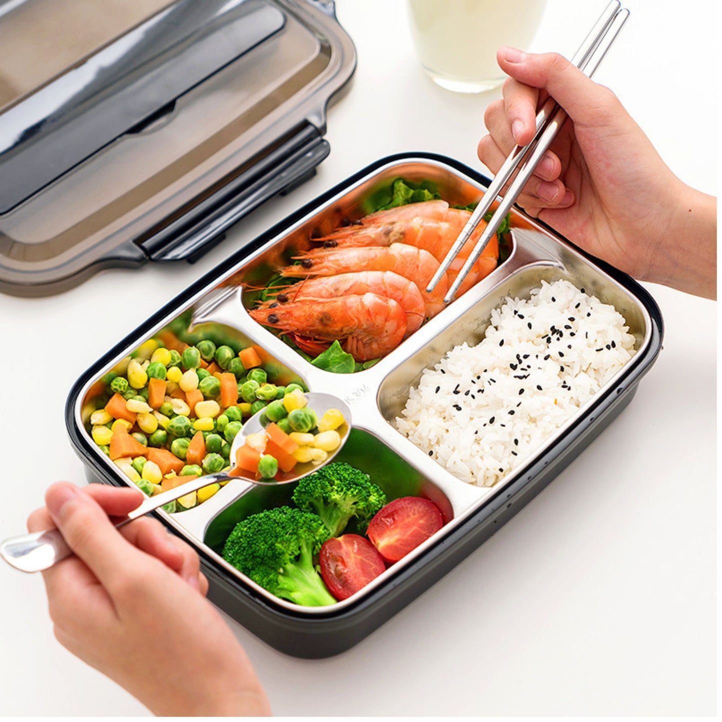 BENTO LUNCH BOX 4 SLOT SIZE 19x26x6 cm | กล่องอาหารกลางวัน กล่องข้าว  SUS304 อุ่นอาหารได้โดยน้ำอุ่น