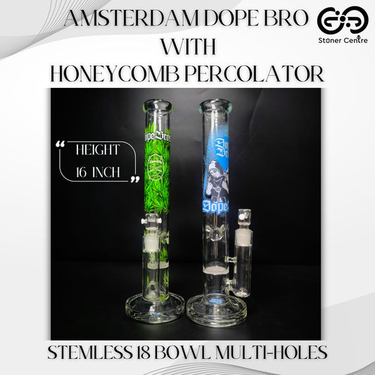 Glass Bong | AMSTERDAM DOPE BRO STRAIGHT WITH HONEYCOMB PERCOLATOR 16 INCH