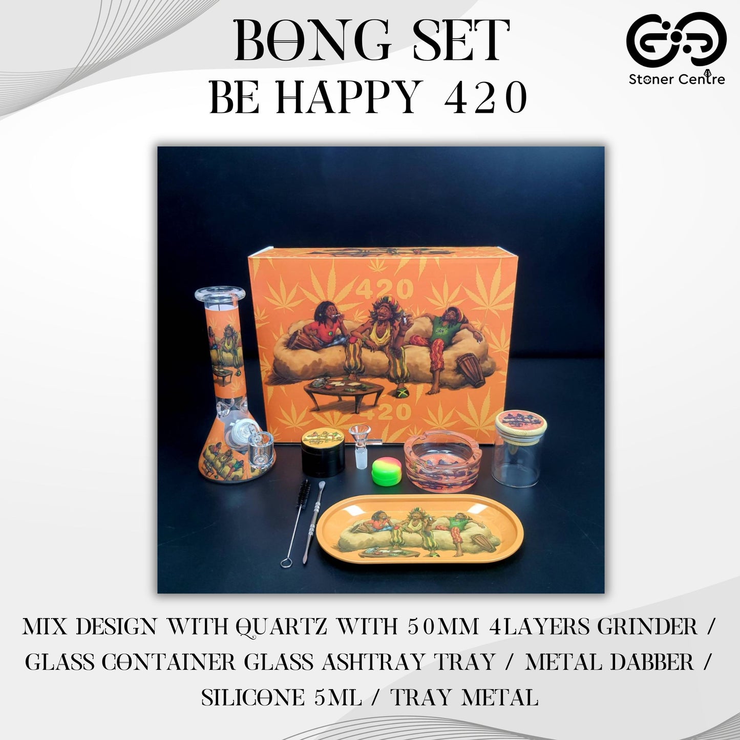 BONG SET (MIX DESIGN WITH QUARTZ) | BE HAPPY 420