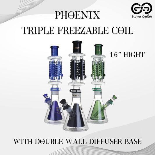 Glass Bong | Phoenix Triple Freezable Coil with Double Wall Diffuser Base 16 Inch