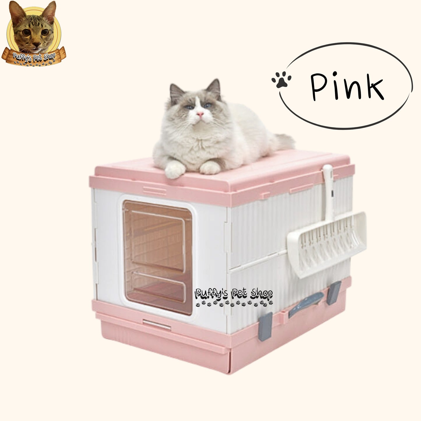 Puffy's Pet Shop | Foldable Cat Litter Box with Scoop set ห้องน้ำแมวแบบพับเก็บได้ พร้อมไม้ตักทรายในชุด ขนาดกาง 46.3 x 53.5 x 41.5 ซม