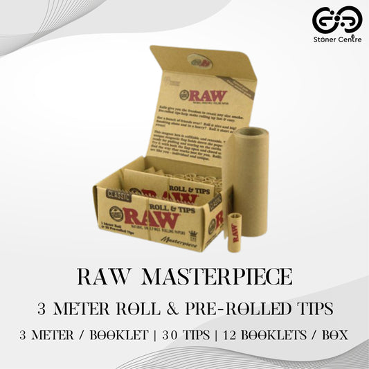 ROLLING PAPER | RAW MASTERPIECE 3 METER ROLL &amp; PRE-ROLLED TIPS