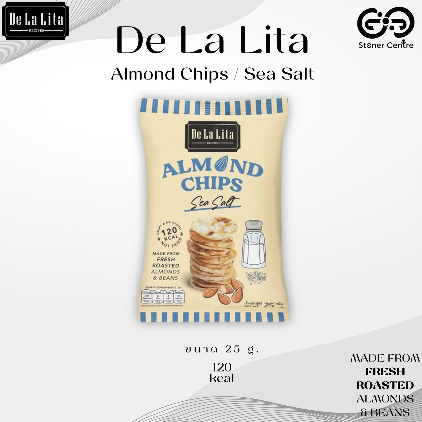 ALmond Chips "Sea Salt" 25g. | ขนมอัลมอนด์และข้าวอัดแผ่น รสเกลือทะเล De La Lita ขนาด 25 กรัม