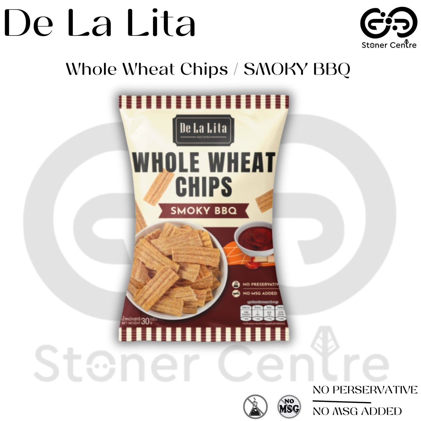WHOLE WHEAT CHIPS "Smoky BBQ" 30g. | ขนมโฮลวีตอบกรอบ รสบาร์บีคิว ขนาด 30 กรัม De La Lita