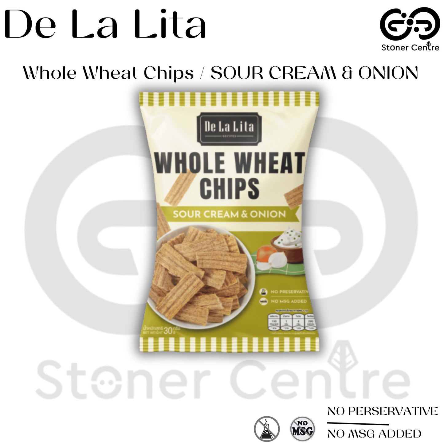 WHOLE WHEAT CHIPS "Sour Cream & Onion" 30g. | ขนมโฮลวีตอบกรอบ รสซาวครีมและหัวหอม ขนาด 30 กรัม De La Lita