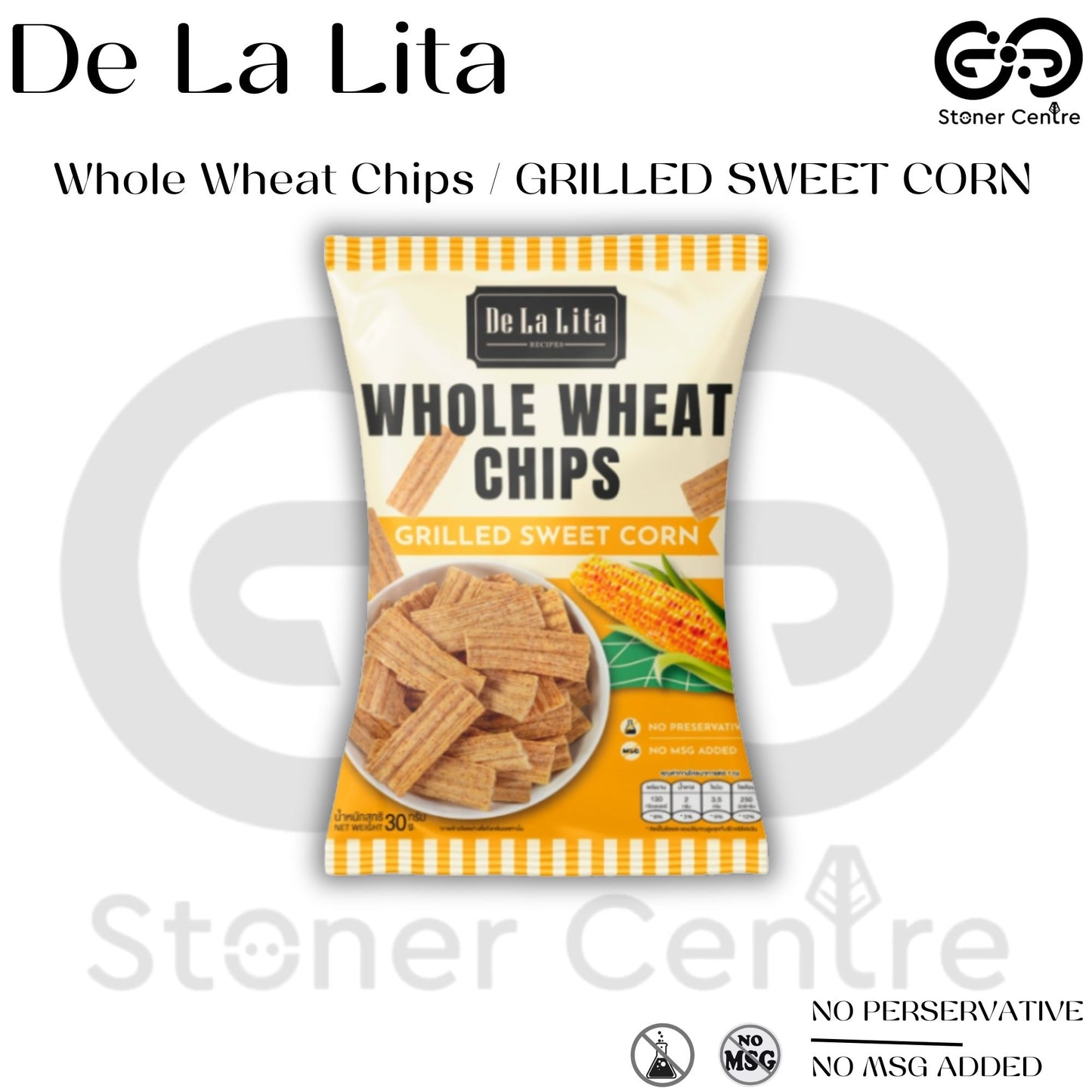 WHOLE WHEAT CHIPS "Grilled Sweet Corn" 30g. | ขนมโฮลวีตอบกรอบ รสข้าวโพดหวานย่าง ขนาด 30 กรัม De La Lita