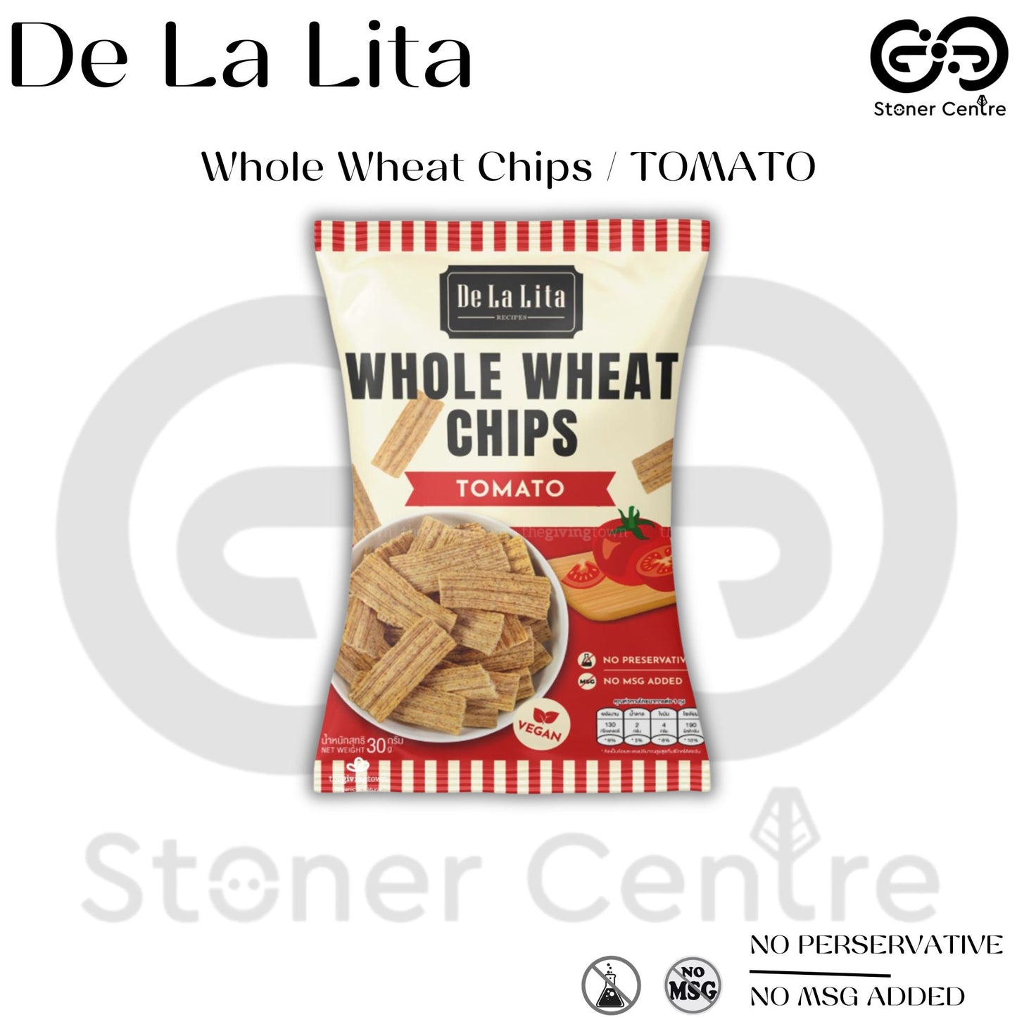 WHOLE WHEAT CHIPS "Tomato" 30g. | ขนมโฮลวีตอบกรอบ รสมะเขือเทศ ขนาด 30 กรัม De La Lita