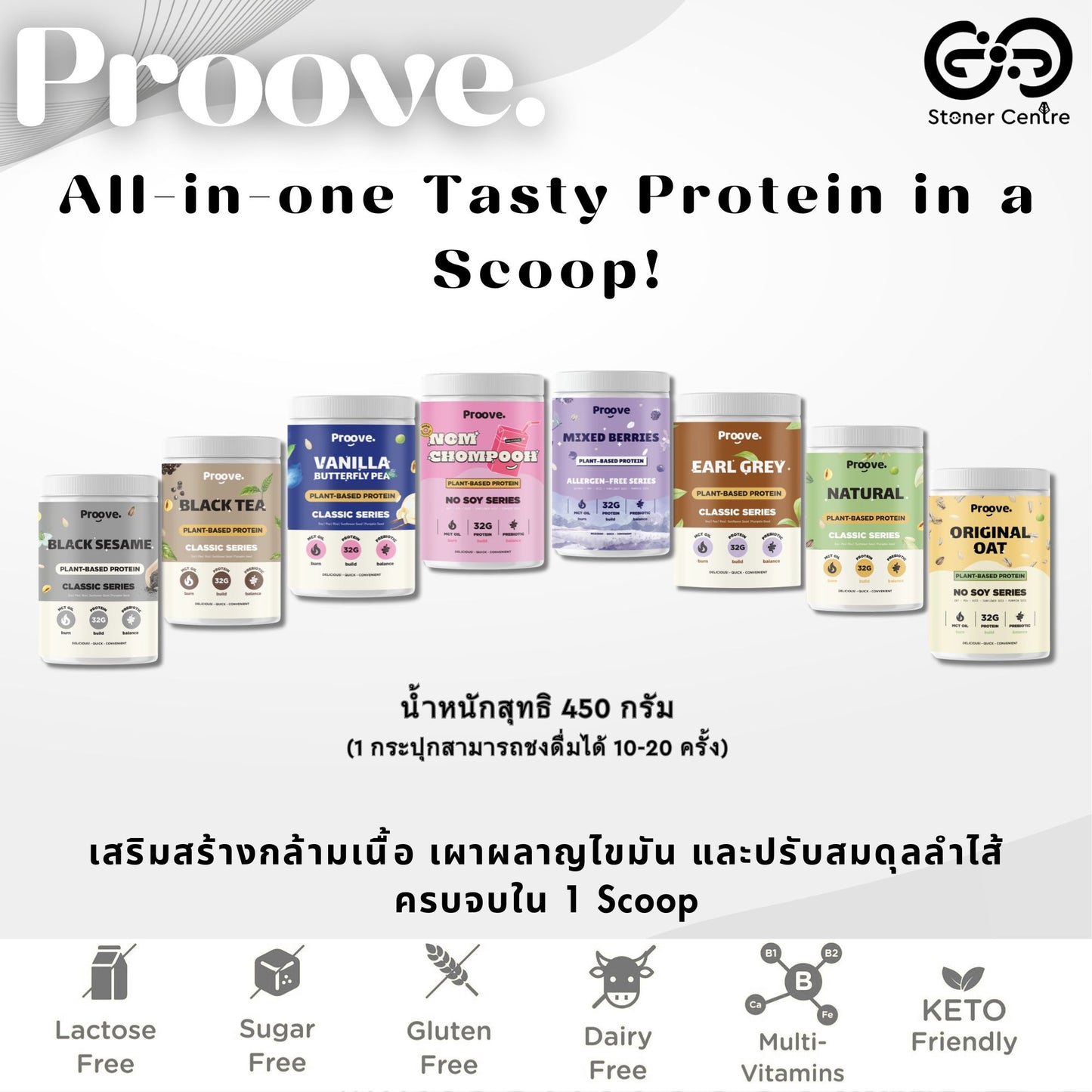 Proove Plant-based Protein "Black Tea" | กระปุก 450g. เป็นโปรตีนพืช ไม่มีกลูเตน ไม่มีน้ำตาล ไม่มีคอเลสเตอรอล ของแท้ KETO ทานได้
